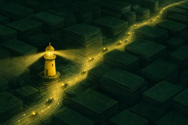 A yellow beacon guiding light across a green landscape of stacked cards, a map for AI crawlers