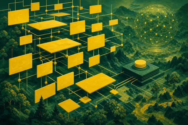 A yellow lattice of interlocking cards and nodes over green terrain, representing schema markup