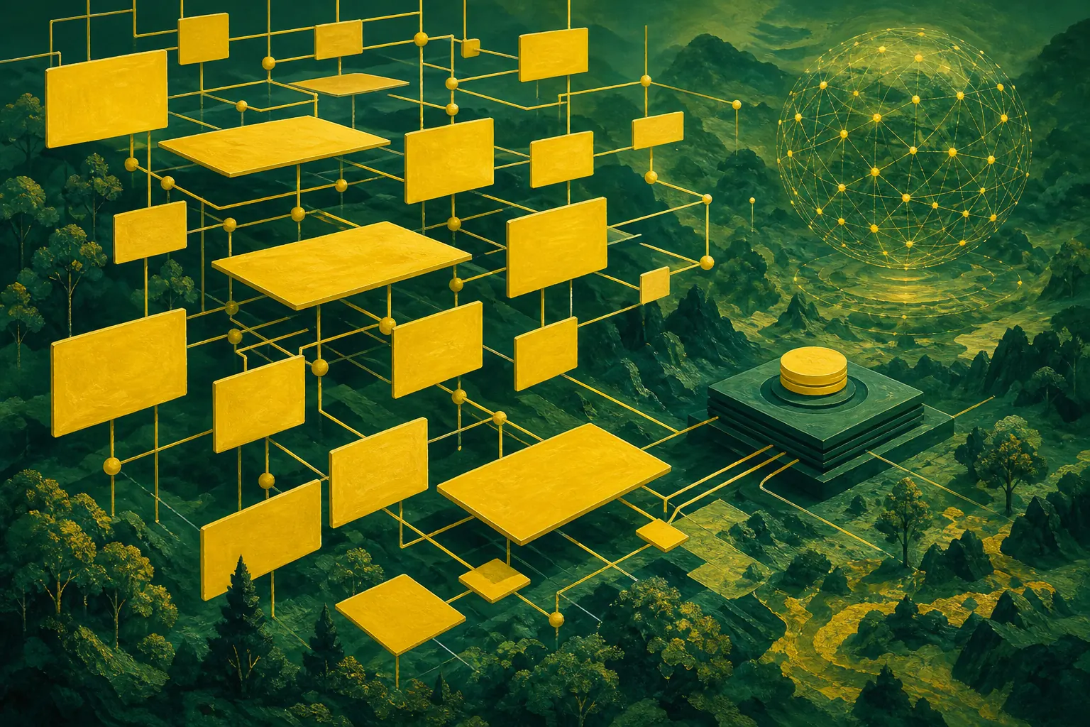 A yellow lattice of interlocking cards and nodes over green terrain, representing schema markup