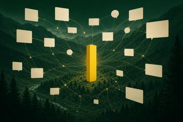 A yellow monolith connected by golden threads to floating cards and bubbles in a green valley