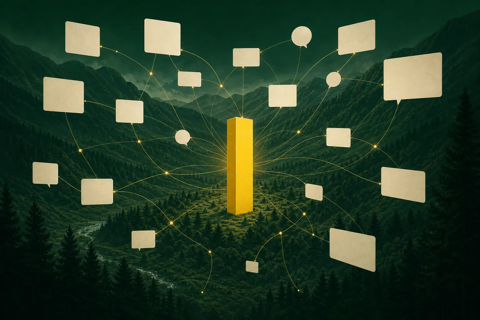 A yellow monolith connected by golden threads to floating cards and bubbles in a green valley