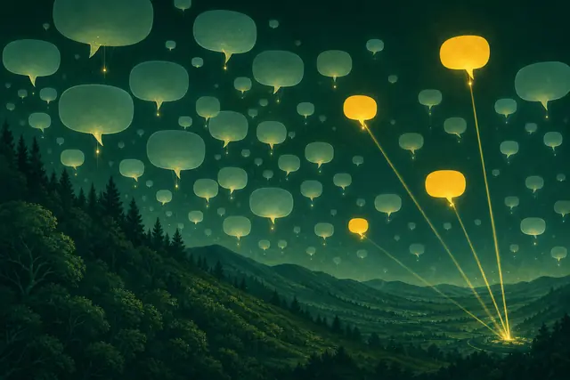 Answer bubbles rising like lanterns over a green hillside, some glowing yellow and beaming back to a source