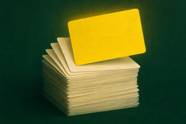 A stack of blank cards with the top card glowing yellow and lifted forward like an answer