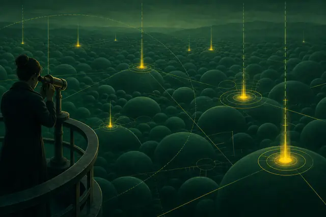 An observatory over a green landscape of answer bubbles, with yellow beacons marking survey points