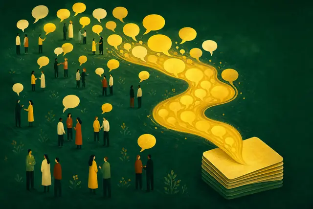 Figures on a green meadow whose speech bubbles gather into a yellow river of questions