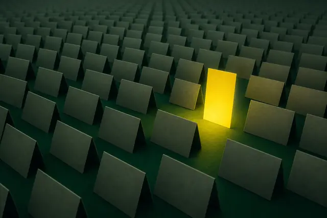 A field of identical green cards to the horizon with one upright card glowing yellow