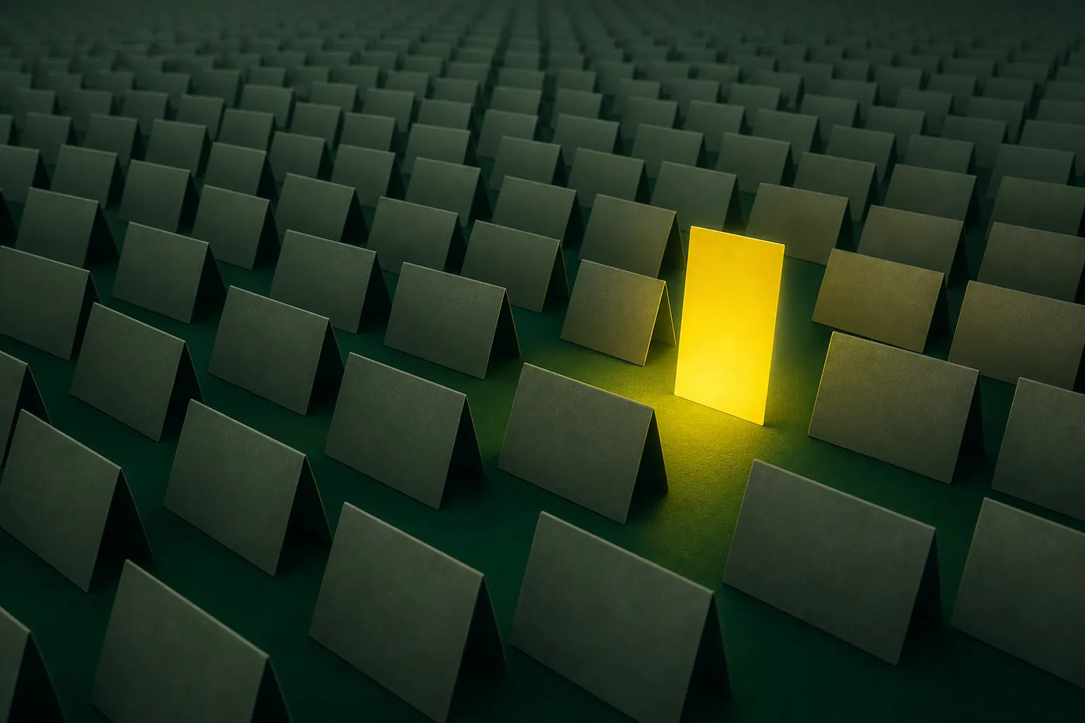 A field of identical green cards to the horizon with one upright card glowing yellow