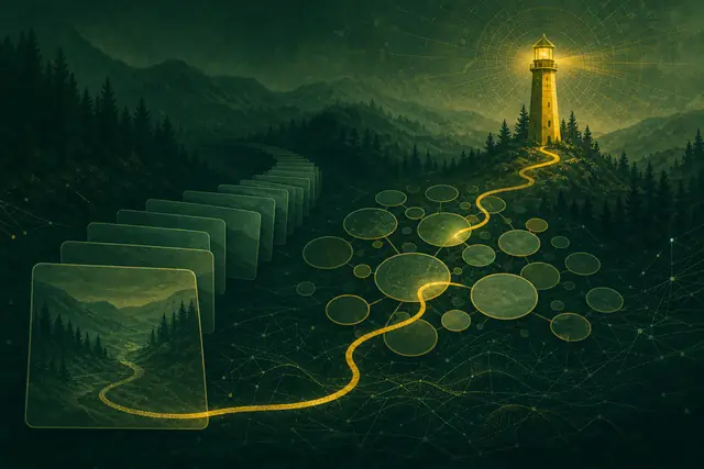 A path of cards, a cluster of answer bubbles and a yellow beacon tower joined by one golden route