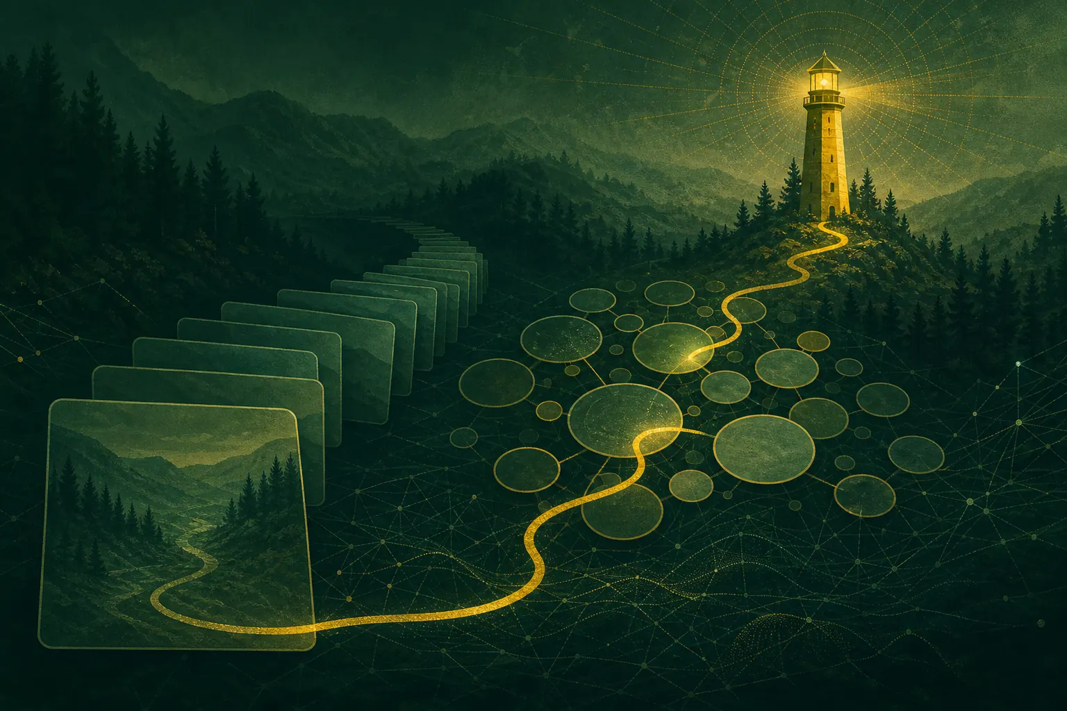 A path of cards, a cluster of answer bubbles and a yellow beacon tower joined by one golden route