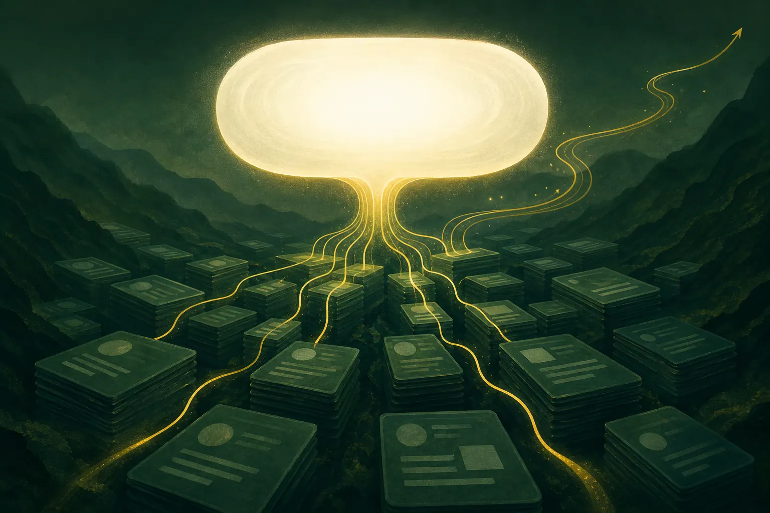 A luminous answer bubble above a valley of stacked cards, yellow paths leading up into it and onward